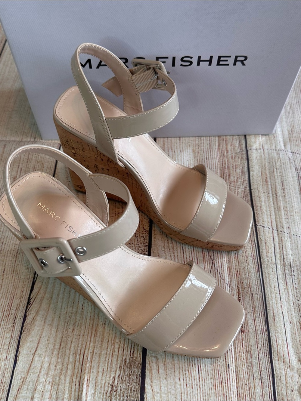 Marc Fisher Lukey Ivory Patent Cork Wedge Sandals Size 6